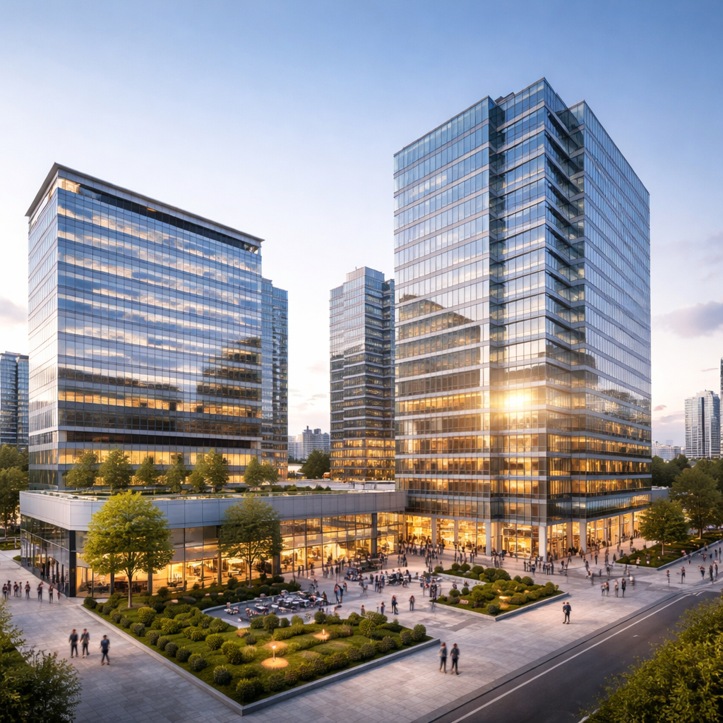 저녁의 현대적 오피스 복합단지 (1)